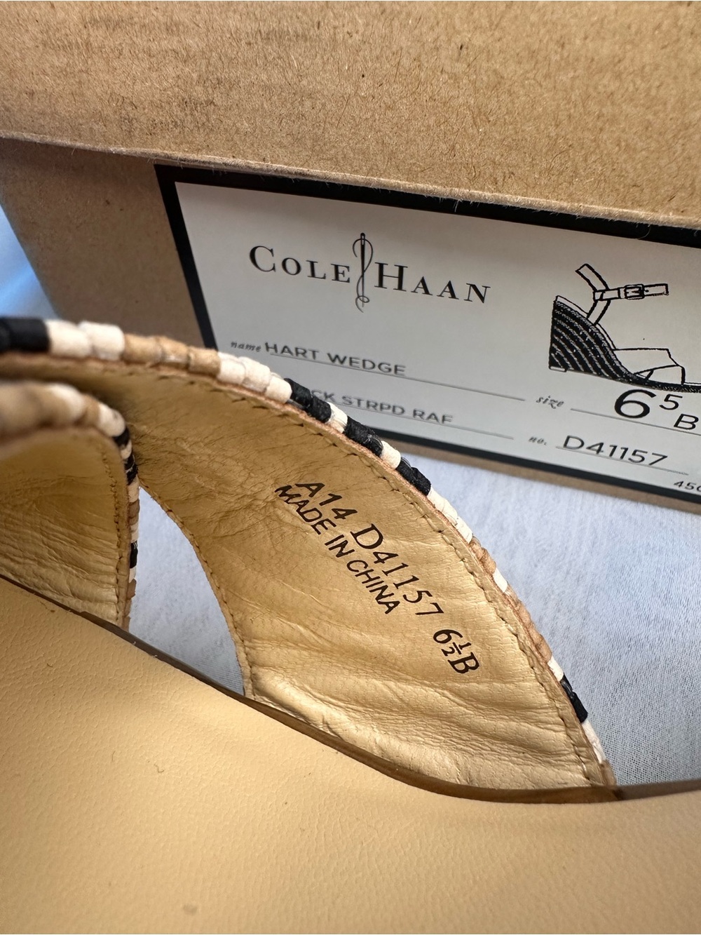 Cole Haan Beige, Black & White Striped Woven Ankle-Strap Sandals - Picture 10 of 11
